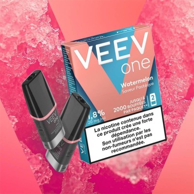 Paquet de 2 Pods Veev One saveur pastèque avec avertissement sur fond rose texturé