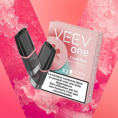 VEEV One Coral Pink, paquet de 2 pods pour cigarette électronique sur fond rose cristallisé