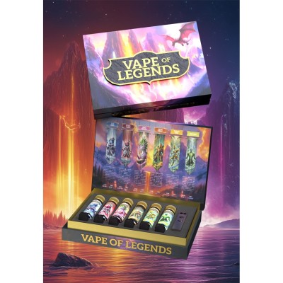 Coffret Vape of Legends avec pods colorés, présentoir fantastique, design mythique