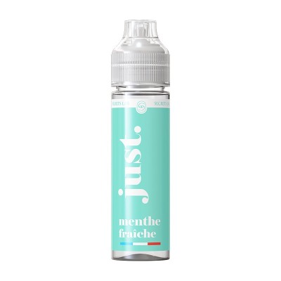 E-liquide Menthe Fraîche Just en flacon 50ml, packaging blanc et turquoise, bouchon sécurisé