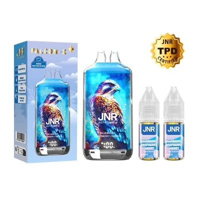 Produit vapotage JNR: bouteille grande avec faucon, 2 flacons nicotine, boîte et badge TPD
