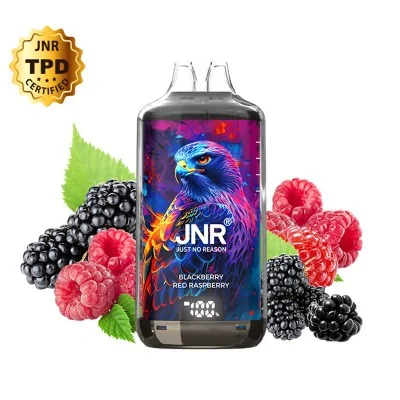Bouteille JNR arôme mûre et framboise avec image d'aigle coloré, fruits frais et badge doré Bouteille JNR arôme mûre et framboise avec image d'aigle coloré, fruits frais et badge doré