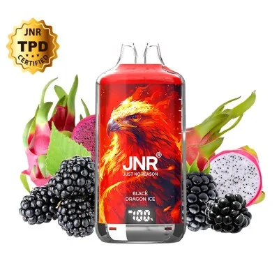 Bouteille JNR avec phénix enflammé, fruits du dragon et mûres, logo TPD, boisson énergisante