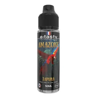 Flacon 50ml e-liquide e-tasty Amazone Japurà, illustration perroquet rouge exotique