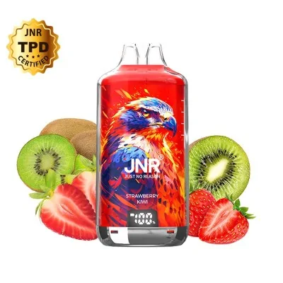 Bouteille JNR Puff Falcon-X Plus avec image d'aigle, kiwis et fraises, logo TPD certifié Bouteille JNR Puff Falcon-X Plus avec image d'aigle, kiwis et fraises, logo TPD certifié