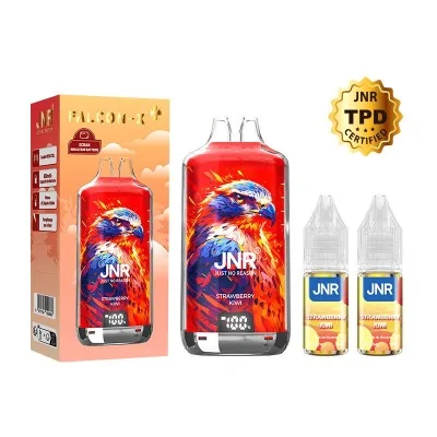 Puff Falcon-X Plus 28K JNR, e-liquide avec bouteilles, boîte et badge TPD, saveur fraise Puff Falcon-X Plus 28K JNR, e-liquide avec bouteilles, boîte et badge TPD, saveur fraise