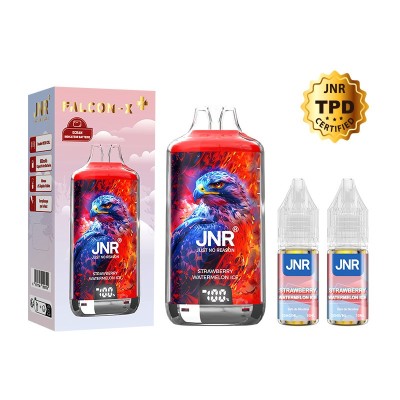 Produit vape JNR: bouteille e-liquide colorée, boîte et flacons, logo TRP certifié Produit vape JNR: bouteille e-liquide colorée, boîte et flacons, logo TRP certifié