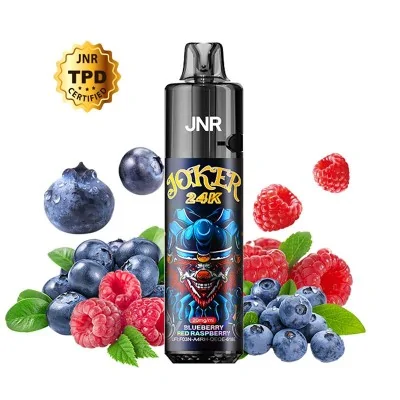 Kit vapotage Joker 24K JNR avec saveurs myrtille et framboise, fruits frais illustrés Kit vapotage Joker 24K JNR avec saveurs myrtille et framboise, fruits frais illustrés