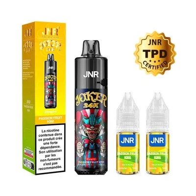Produit vape JNR: e-liquide Puff Joker 24K saveur fruits de la passion et kiwi avec certificat Produit vape JNR: e-liquide Puff Joker 24K saveur fruits de la passion et kiwi avec certificat