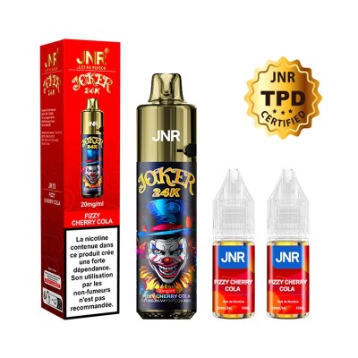 Produit JNR Puff Joker 24K Fizzy Cherry Cola : bouteille, boîte et flacons de e-liquide Produit JNR Puff Joker 24K Fizzy Cherry Cola : bouteille, boîte et flacons de e-liquide