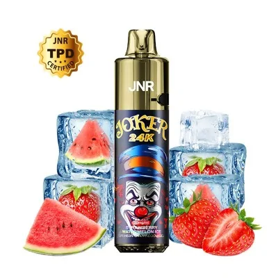 Liquide e-cigarette Joker 24K saveur fraise pastèque glacée, bouteille et fruits frais Liquide e-cigarette Joker 24K saveur fraise pastèque glacée, bouteille et fruits frais