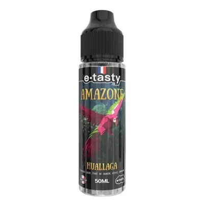 E-liquide e-tasty Amazone Huallaga 50ml, flacon noir avec étiquette colorée tropicale