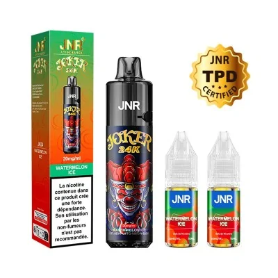 Produit vapotage JNR Puff Joker 24K saveur pastèque, flacon et recharges de e-liquide Produit vapotage JNR Puff Joker 24K saveur pastèque, flacon et recharges de e-liquide