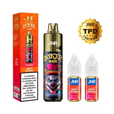 Produit JNR Puff Joker 24K Mixed Berries : flacon e-liquide et bouteilles recharge arôme fruits rouges Produit JNR Puff Joker 24K Mixed Berries : flacon e-liquide et bouteilles recharge arôme fruits rouges