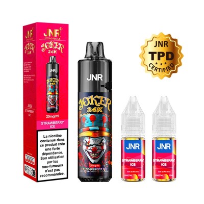 Cigarette électronique Puff Joker 24K Strawberry Ice JNR, bouteille et recharges sur fond blanc Cigarette électronique Puff Joker 24K Strawberry Ice JNR, bouteille et recharges sur fond blanc