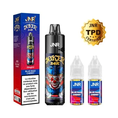 Produit vape JNR: Puff Joker 24K, liquide Blue Razz Cherry, bouteille et flacons Produit vape JNR: Puff Joker 24K, liquide Blue Razz Cherry, bouteille et flacons