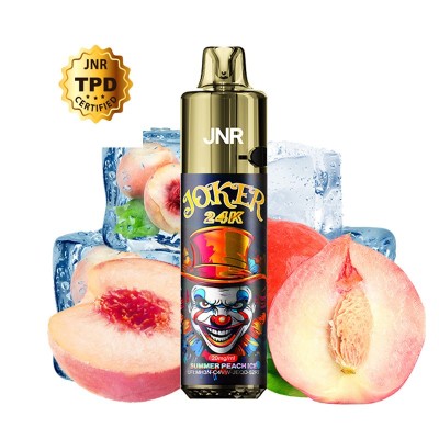 Flacon de e-liquide Joker 24K saveur pêche glacée, avec pêches fraîches et glaçons Flacon de e-liquide Joker 24K saveur pêche glacée, avec pêches fraîches et glaçons