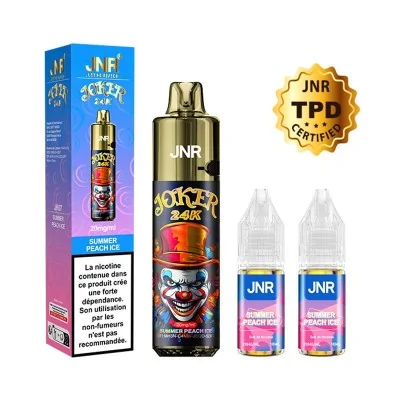 Produit e-cigarette JNR avec liquide Joker 24K parfum pêche glacée et flacons nicotine Produit e-cigarette JNR avec liquide Joker 24K parfum pêche glacée et flacons nicotine