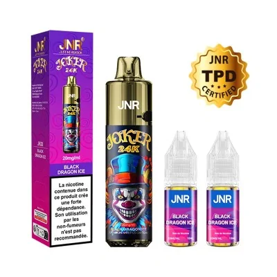 Kit vapotage JNR Puff Joker 24K avec e-liquide Black Dragon Ice et recharges Kit vapotage JNR Puff Joker 24K avec e-liquide Black Dragon Ice et recharges