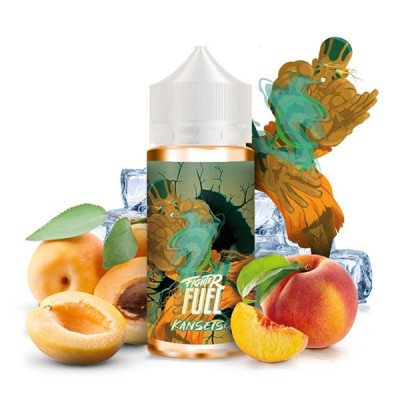 E-liquide Fighter Fuel aux fruits avec pêche, abricot et glace, bouteille et illustration