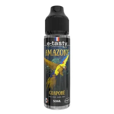 E-liquide e-tasty Amazone Guaporé 50ml avec illustration de perroquet jaune et bleu