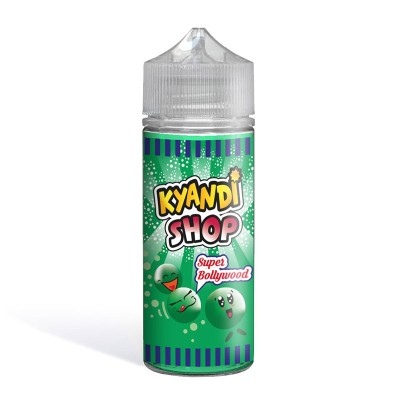 E-liquide Kyandi Shop Super Bollywood 100ml, flacon vert avec bulles et personnages