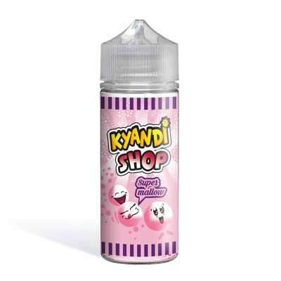 Bouteille e-liquide Kyandi Shop Super Mallow 100ml, fond rose avec guimauves souriantes