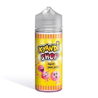 Bouteille de e-liquide Kyandi Shop Super Gum Gum 100ml, design jaune et rose avec bonbons