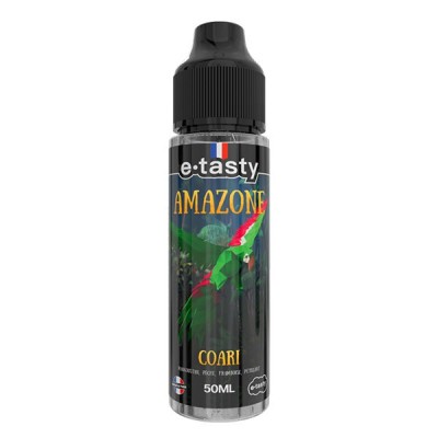 e-liquide e-tasty Amazone Coari 50ml, flacon noir avec étiquette colorée motif jungle e-liquide e-tasty Amazone Coari 50ml, flacon noir avec étiquette colorée motif jungle