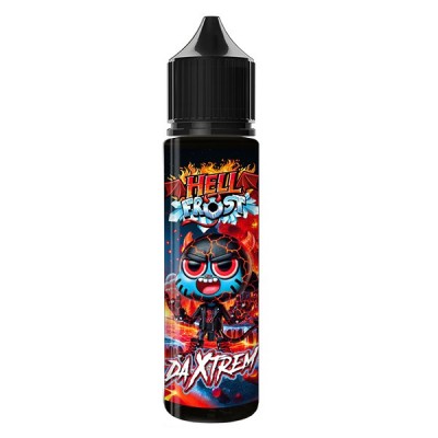 Flacon 50ml e-liquide Hell Frost Da Xtrem, design crâne bleu et rouge sur fond flamboyant Flacon 50ml e-liquide Hell Frost Da Xtrem, design crâne bleu et rouge sur fond flamboyant