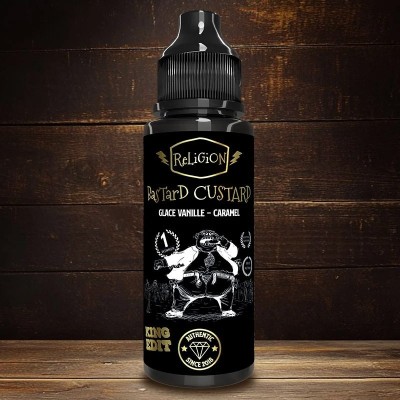 E-liquide Religion Bastard Custard King Edition 100ml sur fond bois, saveur vanille