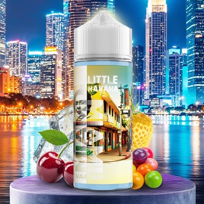 E-liquide Little Havana 100ml Miami Vapes, saveur fruité, sur fond de skyline nocturne de Miami E-liquide Little Havana 100ml Miami Vapes, saveur fruité, sur fond de skyline nocturne de Miami