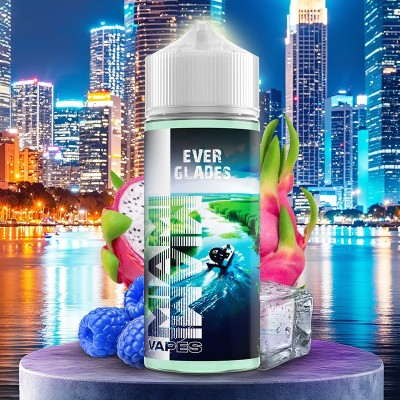 Flacon Ever Glades Miami Vapes devant skyline nocturne, fruits exotiques et glaçons Flacon Ever Glades Miami Vapes devant skyline nocturne, fruits exotiques et glaçons