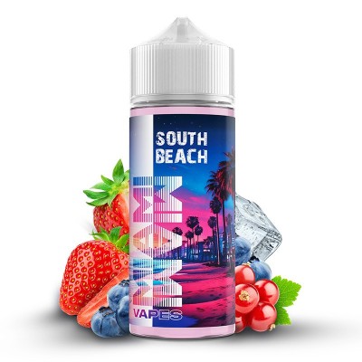 E-liquide South Beach Miami Vapes 100ml, fruits rouges et glace, décor de plage tropicale