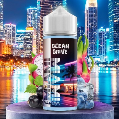 E-liquide Ocean Drive Miami Vapes avec fruits exotiques et skyline de ville illuminée E-liquide Ocean Drive Miami Vapes avec fruits exotiques et skyline de ville illuminée
