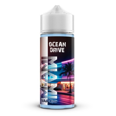 Bouteille de e-liquide Ocean Drive 100ml par Miami Vapes avec image colorée d'Ocean Drive Bouteille de e-liquide Ocean Drive 100ml par Miami Vapes avec image colorée d'Ocean Drive
