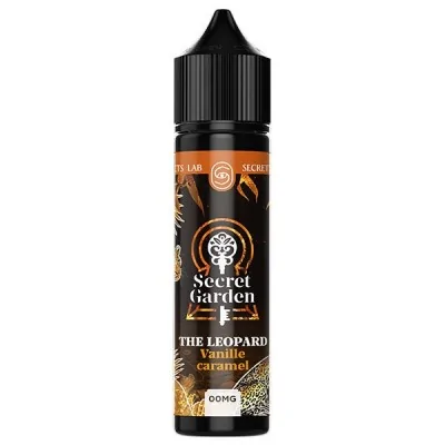 E-liquide The Leopard Secret Garden 50ml parfum caramel, bouteille noire avec logo E-liquide The Leopard Secret Garden 50ml parfum caramel, bouteille noire avec logo