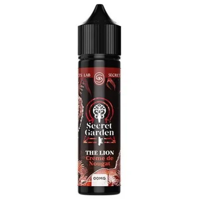 E-liquide Secret Garden The Lion 50ml saveur nougat, flacon noir avec logo crâne rouge E-liquide Secret Garden The Lion 50ml saveur nougat, flacon noir avec logo crâne rouge