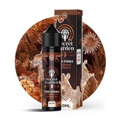 E-liquide The Zebra 50ml Secret Garden, boîte et flacon sur fond motif zèbre et feuilles