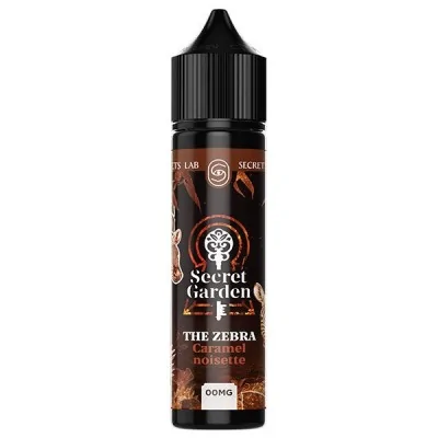 Flacon e-liquide Secret Garden The Zebra 50ml noisette, étiquette noire avec logo Flacon e-liquide Secret Garden The Zebra 50ml noisette, étiquette noire avec logo