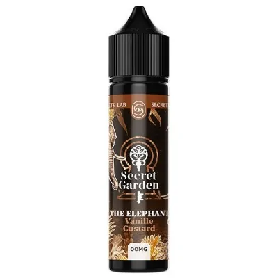 E-liquide The Elephant Secret Garden 50ml, parfum crème brûlée, flacon noir et marron E-liquide The Elephant Secret Garden 50ml, parfum crème brûlée, flacon noir et marron