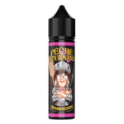 Bouteille e-liquide Framboiserie 50ml Péché Gourmand, saveur framboise, design coloré