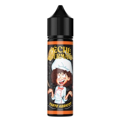 Flacon e-liquide Tarte Abricot 50ml Péché Gourmand, illustration personnage animé souriant