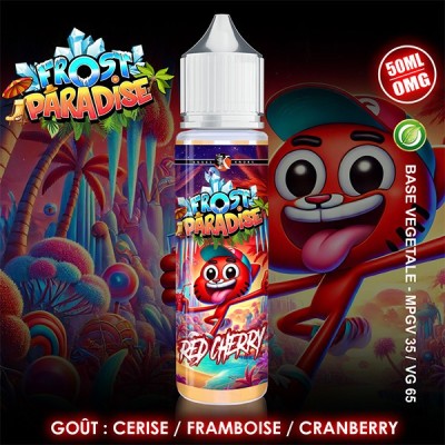 E-liquide Red Cherry Frost Paradise 50ml, saveur cerise/framboise/cranberry, bouteille et logo E-liquide Red Cherry Frost Paradise 50ml, saveur cerise/framboise/cranberry, bouteille et logo