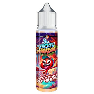 E-liquide Red Cherry Frost Paradise Knoks 50ml, flacon avec design coloré et mascotte rouge E-liquide Red Cherry Frost Paradise Knoks 50ml, flacon avec design coloré et mascotte rouge