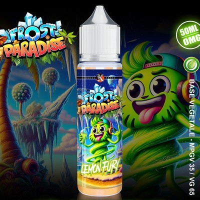 E-liquide Lemon Fury 50ml Frost Paradise, flacon avec logo vert, saveur citron glacé E-liquide Lemon Fury 50ml Frost Paradise, flacon avec logo vert, saveur citron glacé