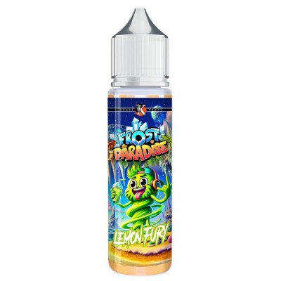 E-liquide Lemon Fury Frost Paradise, flacon 50ml, arôme citron, design coloré avec personnage vert E-liquide Lemon Fury Frost Paradise, flacon 50ml, arôme citron, design coloré avec personnage vert