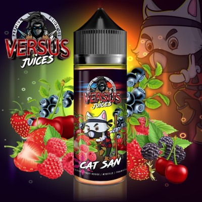 E-liquide Cat San Versus Juice: mélange de fruits rouges, logo chat, flacons colorés E-liquide Cat San Versus Juice: mélange de fruits rouges, logo chat, flacons colorés