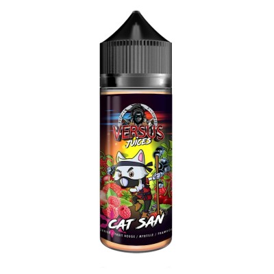 E-liquide Cat San de Versus Juice, bouteille avec dessin de chat cartoon sur fond coloré E-liquide Cat San de Versus Juice, bouteille avec dessin de chat cartoon sur fond coloré