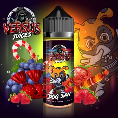 E-liquide Dog San 100ml Versus Juice, fruits rouges et bonbons, avec illustration colorée E-liquide Dog San 100ml Versus Juice, fruits rouges et bonbons, avec illustration colorée